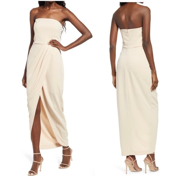 WAYF The Angelique Strapless Tulip Crepe Midi Gown Champagne - Picture 1 of 5